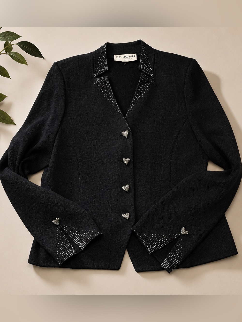 ST. JOHN Evening Santana Knit Blazer Size 12 Black Crystal Buttons Hearts - Picture 2 of 8